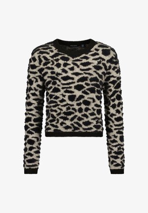 Pull en tricot à manches longues imprimé léopard noir et beige, avec poignets, ourlet et encolure ronde côtelée.