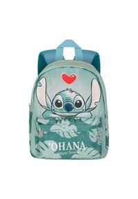 Mochila infantil turquesa que presenta un personaje de dibujos animados con orejas grandes, una forma de corazón arriba y patrones de hojas. Incluye un bolsillo frontal con cremallera.