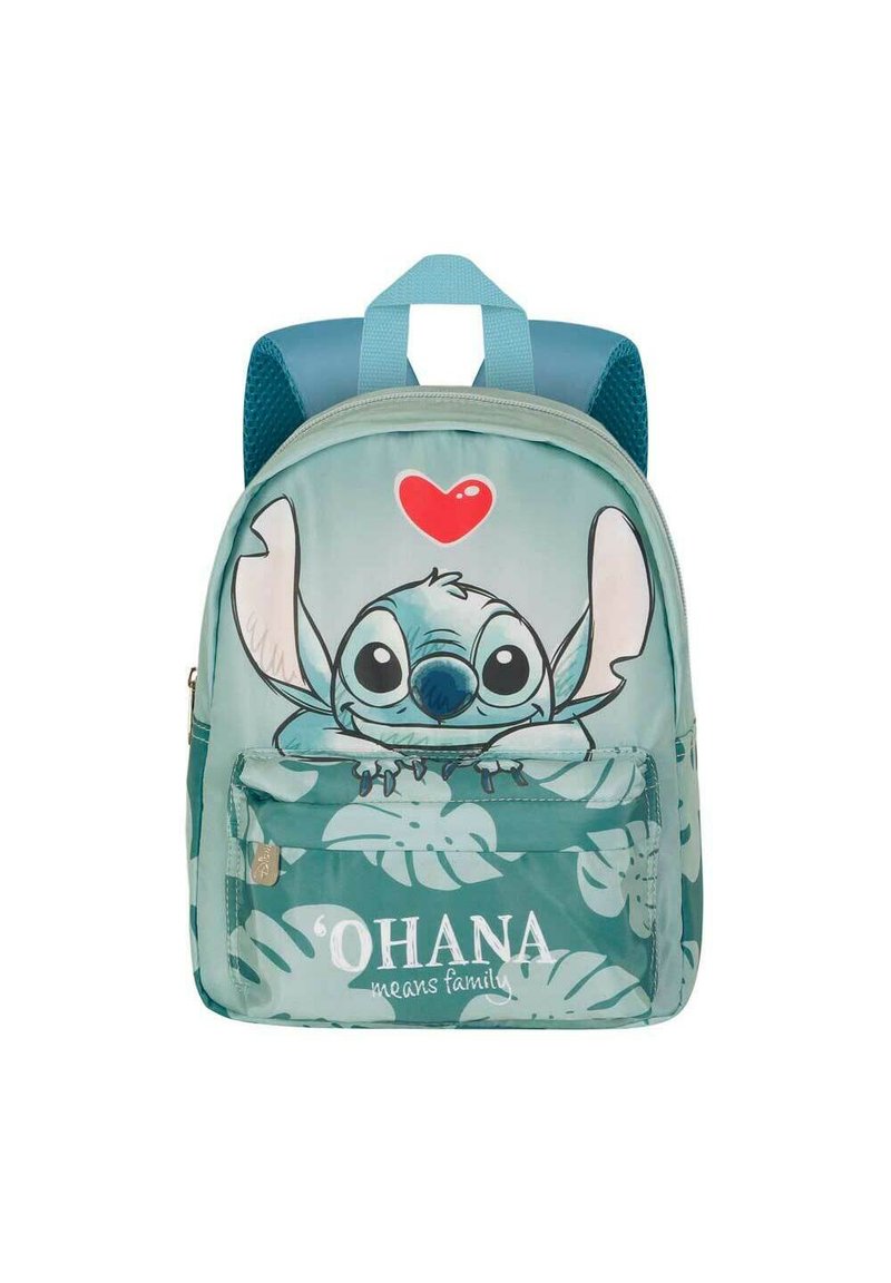 Mochila infantil turquesa que presenta un personaje de dibujos animados con orejas grandes, una forma de corazón arriba y patrones de hojas. Incluye un bolsillo frontal con cremallera.