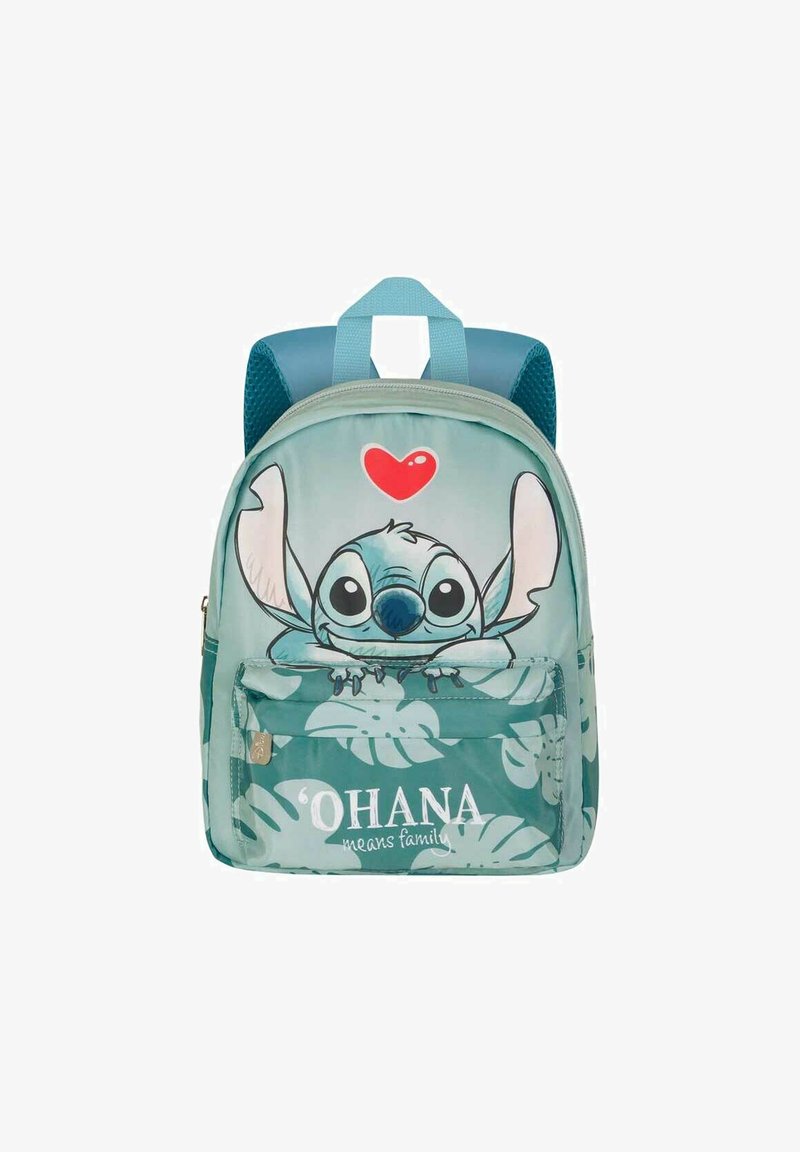 Turquoise kinderrugzak met een cartoonfiguur met grote oren, een hartvorm erboven en bladerenpatronen. Inclusief een voorzak met rits.