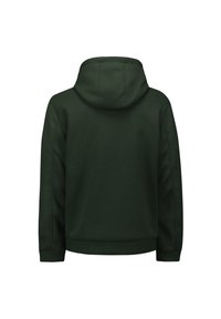 Groene hoodie met een textuur gebreid patroon. Heeft ribgebreide manchetten en onderrand, en een opvallend ontwerp van de achterste capuchon.