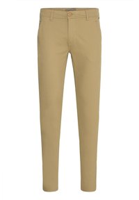 Khakifarbene Slim-Fit-Hose aus glattem Stoff. Mit einem einzigen Knopfverschluss und Gürtelschlaufen. Keine sichtbaren Muster oder Texturen.