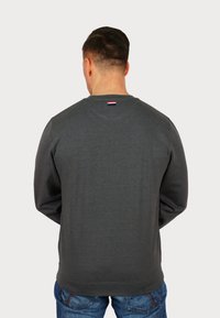 Sudadera gris de manga larga con cuello redondo, dobladillo y puños acanalados. Cuenta con una pequeña etiqueta de logo en rojo, blanco y azul en la parte trasera.