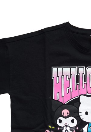 Black T-shirt with "HELLO" in pink letters and cartoon characters: a white cat and a black cat with a pink skull on its forehead.