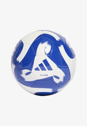 Blue and white soccer ball featuring a hexagonal design, glossy surface, and "TIRO CLUB" branding by Adidas. Patterns include bold brush strokes.