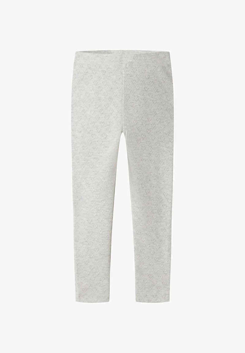 Leggings gris clair avec un motif subtil en forme de cœur ajouré, taille élastique et coupe slim pour un port confortable.