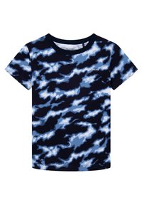 Krátký rukáv tričko v námořnické modři s světle modrým maskovacím vzorem, s kulatým výstřihem a měkkou bavlněnou tkaninou. Logo potisknuté na přední straně.