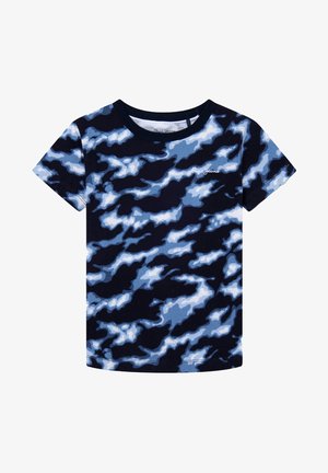Krátký rukáv tričko v námořnické modři s světle modrým maskovacím vzorem, s kulatým výstřihem a měkkou bavlněnou tkaninou. Logo potisknuté na přední straně.