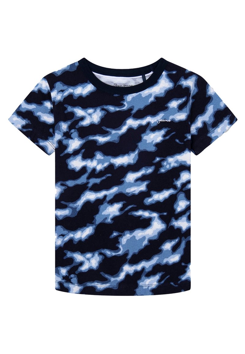 Krátký rukáv tričko v námořnické modři s světle modrým maskovacím vzorem, s kulatým výstřihem a měkkou bavlněnou tkaninou. Logo potisknuté na přední straně.