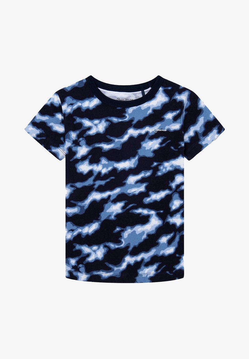 Krátký rukáv tričko v námořnické modři s světle modrým maskovacím vzorem, s kulatým výstřihem a měkkou bavlněnou tkaninou. Logo potisknuté na přední straně.