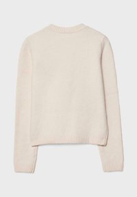 Maglione rosa chiaro realizzato in tessuto morbido, con scollatura e polsini a coste, dal design leggermente corto e texture semplice.