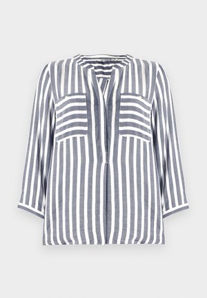 Linnen shirt met blauwe en witte verticale strepen, met een afgeronde halslijn, driekwart mouwen en twee voorkruiszakken.