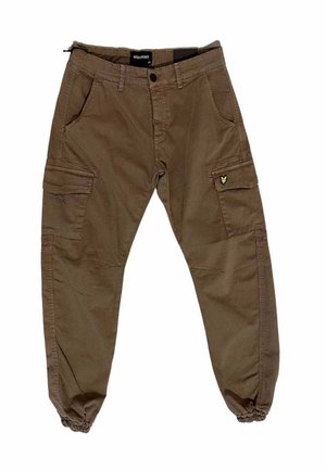 Braune Cargohosen mit elastischen Bündchen, seitlichen Klappentaschen, Gürtelschlaufen, Knopf- und Reißverschluss sowie einem kleinen gestickten Logo auf der rechten Tasche.