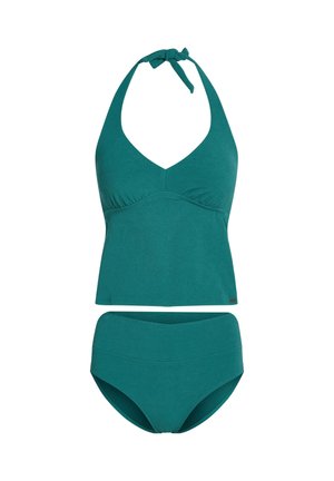 Két részes vízkék bikini szett, állítható nyakpánttal és ráncolt díszítéssel az elöl, magas derekú alsórésszel. Texturált anyagból.