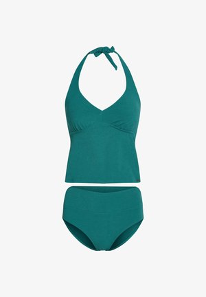 Bikini de dos piezas en color verde azulado con top de cuello halter y diseño fruncido, y parte inferior de talle alto. Tejido texturizado.