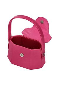 Rosa sechseckige Handtasche mit glattem Leder außen, einem einzelnen oberen Griff und silbernem Druckverschluss an der Klappe. Innenfutter ist gefüttert und geräumig.