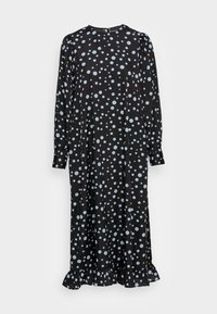 Vestido preto de mangas longas com bolinhas azul claro, decote redondo, ombros franzidos e saia com babado. Tecido macio e fluido.