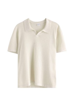 Kortærmet cremefarvet strikket poloshirt med teksturerede lodrette striber og lille V-formet krave.
