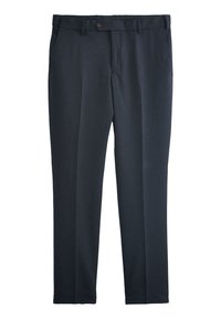 Pantaloni de costum în nuanță închisă de bleumarin, confecționați dintr-un material texturat, având un front plat, bucle pentru curea și o închidere cu un singur nasture. Croială ajustată, fără modele.