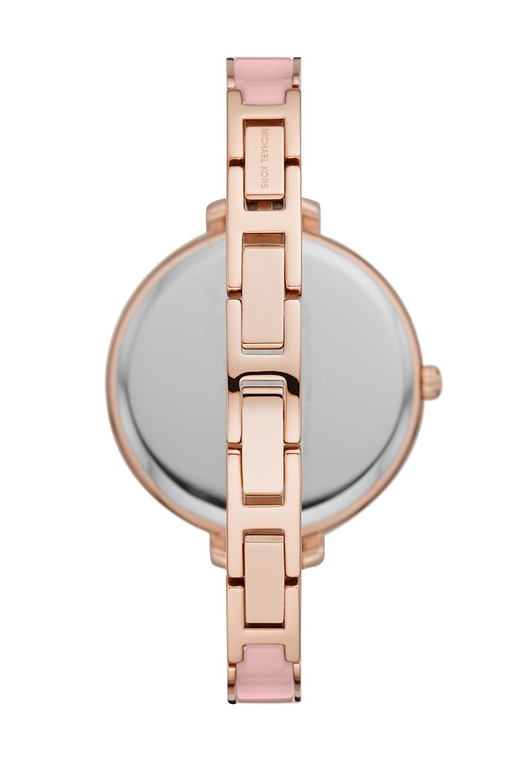 Pulsera de metal en color oro rosa con acentos rosas, unida a una caja de reloj redonda plateada, vista desde la parte posterior.