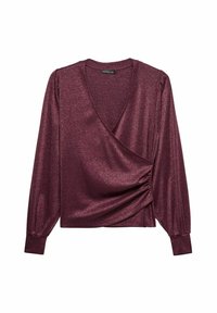 Burgundi wrap top, joka on valmistettu metallinhohtoisesta kankaasta. Ominaisuuksiin kuuluu pitkät puffihihat ja sivuilla oleva rypytys. V-kaula-aukko lisää eleganssia.