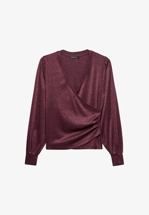 Burgundi wrap top, joka on valmistettu metallinhohtoisesta kankaasta. Ominaisuuksiin kuuluu pitkät puffihihat ja sivuilla oleva rypytys. V-kaula-aukko lisää eleganssia.