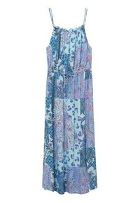 Maxikleid im blauen und rosafarbenen Paisleymuster. Leichter Stoff mit verstellbaren Spaghetti-Trägern und elastischem Taillenbund. Fließendes Rockdesign.