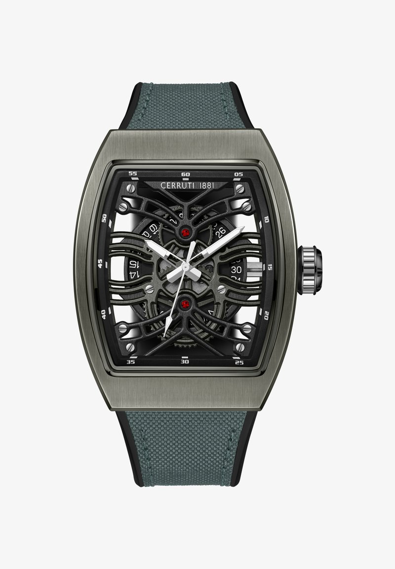 Orologio Cerruti 1881 con cassa rettangolare in acciaio inox, quadrante scheletrato nero, lancette argentate e cinturino in tessuto verde. Accenti rossi sul quadrante.