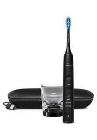 Sonicare elektrische Zahnbürste aus schwarzem Kunststoff, ausgestattet mit einem blau-grünen Bürstenkopf, Steuerknöpfen und Anzeigeleuchten, sowie einem Glashalter und einer Schutzhülle.