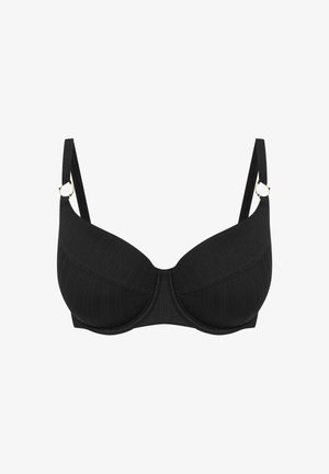 Czarny biustonosz z drucikami, wykonany z teksturowanej tkaniny, z regulowanymi ramiączkami. Posiada złote akcenty na łączeniu ramiączek.