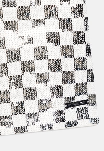 Black and white sequined checkered pattern on a textured surface, featuring a black hardware accent along the bottom.