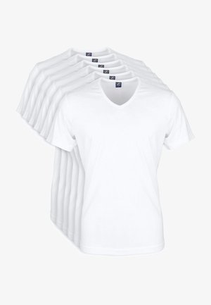 White cotton T-shirts with a V-neck design. Each shirt features short sleeves and a smooth texture. Sold in a pack of five.