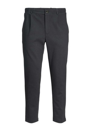 Pantalons gris avec une texture lisse, un devant plissé, une fermeture éclair et un bouton, ainsi qu'une coupe droite.