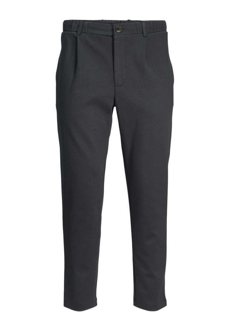 Pantalons gris avec une texture lisse, un devant plissé, une fermeture éclair et un bouton, ainsi qu'une coupe droite.