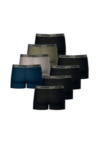 Pack de huit boxers de différentes couleurs : noir, bleu foncé, vert olive et gris. Dotés d'une ceinture élastique avec le logo "ATHENA".