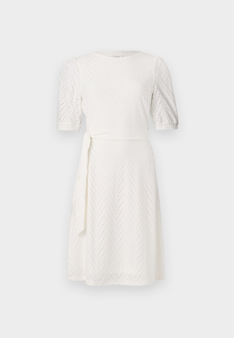 Witte korte jurk met korte mouwen, een ronde halslijn, een aansluitende taille met een strikceintuur en een getextureerd ruitpatroon overal.