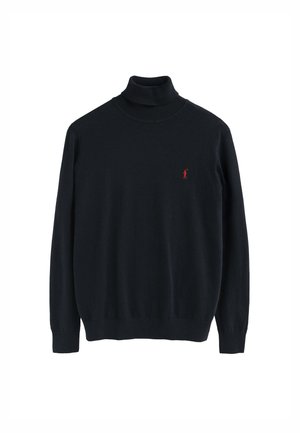 Jersey de cuello alto negro en material de punto suave. Presenta un diseño ajustado, mangas largas y un pequeño logo rojo en el pecho.