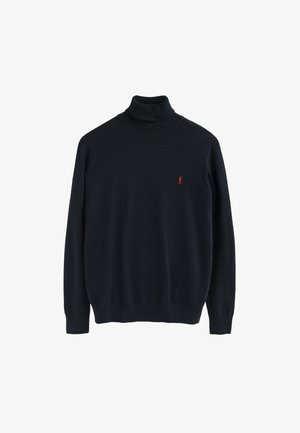 Jersey de cuello alto negro en material de punto suave. Presenta un diseño ajustado, mangas largas y un pequeño logo rojo en el pecho.