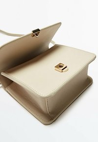 Borsa a mano in pelle beige con design strutturato, caratterizzata da una chiusura con gancio dorato e un interno minimalista, che mette in mostra una superficie liscia e linee pulite.