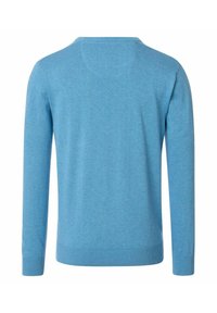 Helles blaues Sweatshirt mit langen Ärmeln, Rundhalsausschnitt und gerippten Bündchen und Saum. Aus weichem Material mit glatter Textur gefertigt. Keine Muster oder Akzente.