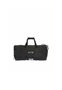 Black duffel bag with textured fabric, dual carrying handles, zip closure, and white three-stripe accent at the base. Includes a branded label.