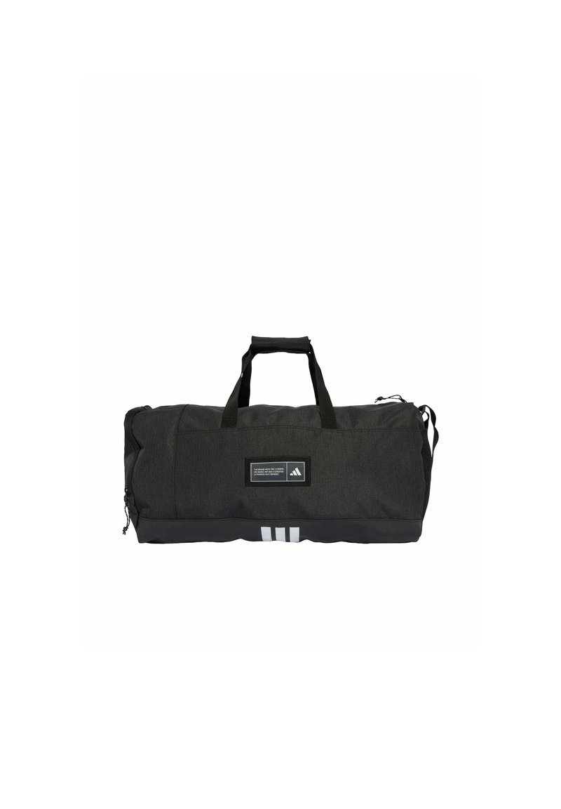 Black duffel bag with textured fabric, dual carrying handles, zip closure, and white three-stripe accent at the base. Includes a branded label.