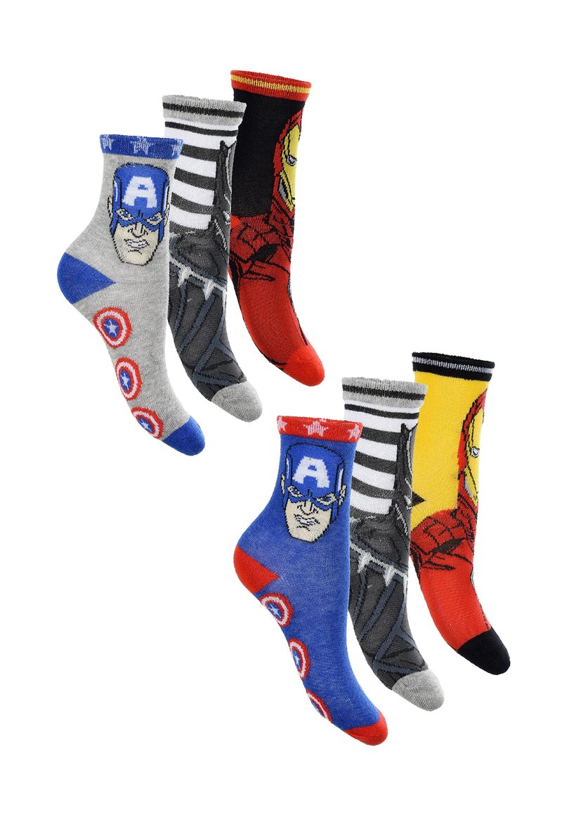 Quattro paia di calzini a tema supereroi. Presentano design colorati: Captain America, Iron Man, Spider-Man, con motivi e texture variate.