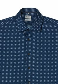 Marineblaue Hemd mit Knopfleiste und kleinem weißem Diamantmuster, ausgestattet mit klassischem Kragen und schwarzen Knöpfen, gefertigt aus Stretchstoff.