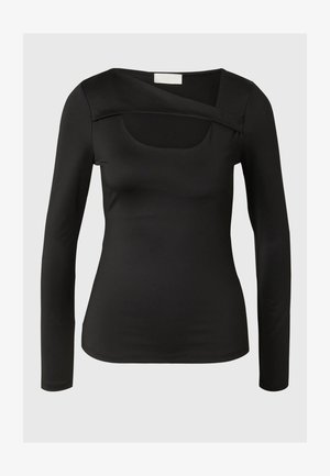 Black long-sleeve top with a unique asymmetrical neckline, featuring a square cutout and smooth, stretchy fabric.
