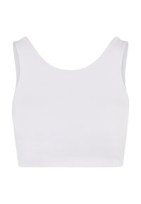 Hvit, korterma tanktopp laget av et glatt stoff, med scoop-hals og en enkel, udekorerte design.