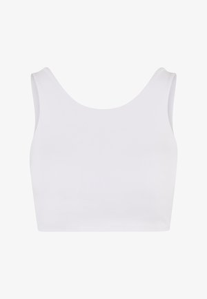 White cropped tank top made of a smooth fabric, featuring a scoop neckline and a simple, unembellished design.