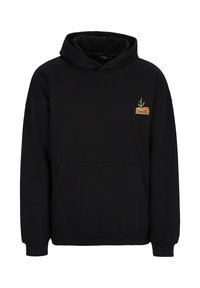 Schwarzer Kapuzenpullover mit einer Vordertasche und verstellbarem Kapuzenzug. Verfügt über ein kleines gesticktes Design einer Pflanze und abstrakten Formen auf der Brust.