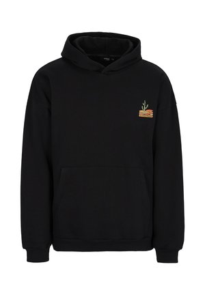 Zwarte hoodie met een voorzak en een capuchon met koord. Voorzien van een klein geborduurd ontwerp van een plant en abstracte vormen op de borst.