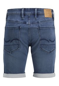 Shorts in denim blu scuro con orli arrotolati, dotati di due tasche posteriori con cuciture curve e un'etichetta in pelle con logo sulla vita.